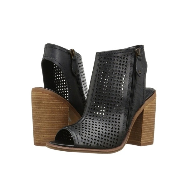 Kelsi Dagger Boho Black Leather Open Toe Perforated Ankle Bootie - Picture 2 of 6